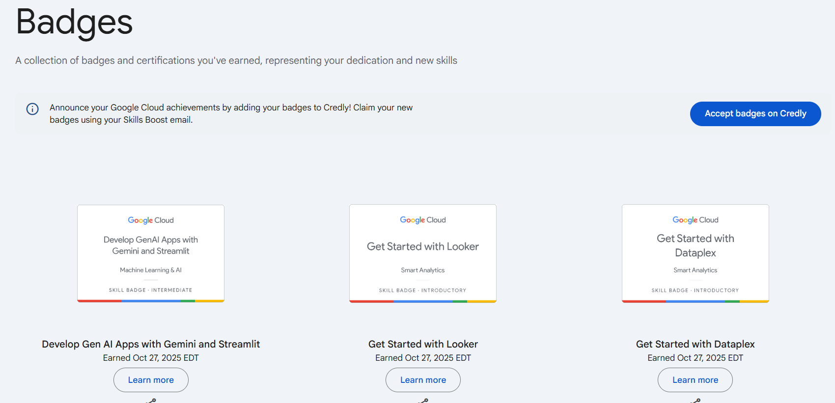 Screenshot of the Google Cloud Skill Boost dashboard showing earned badges.